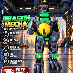 May include: A Dragon Mecha DIY 3D printed kit featuring a 12 inches tall robot figure with green, yellow, and black components, 145 parts, and a weight of 1 lb 10 oz. The kit includes PLA material and instructions for assembly.