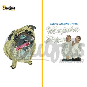 May include: A beige pug with a pink tongue sticking out. The pug is looking to the right. The background is white. The text "ALEKS ATAMAN, FINIK Maypaka Peka" is in blue and white on the right side of the image.