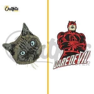 May include: Two embroidered patches, one of a cat with blue eyes and the other of Daredevil, a superhero in a red suit with the word "DAREDEVIL" in white letters.
