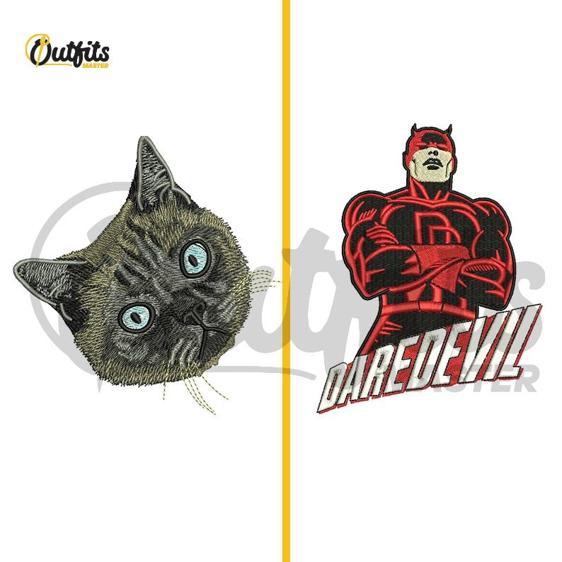 May include: Two embroidered patches, one of a cat with blue eyes and the other of Daredevil, a superhero in a red suit with the word "DAREDEVIL" in white letters.