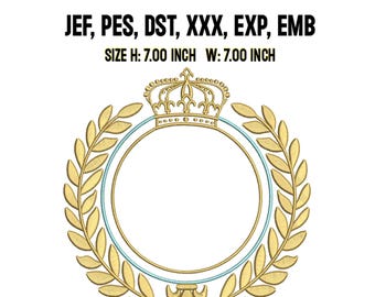 May include: A gold crown with a blue and white circle around it, surrounded by gold leaves. The text "JEF, PES, DST, XXX, EXP, EMB" is above the image. The text "SIZE H: 7.00 INCH W: 7.00 INCH" is below the image.
