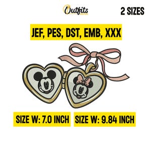 Op de afbeelding: Borduurontwerp van twee hartvormige medaillons met Mickey en Minnie Mouse erin. De medaillons zijn verbonden door een roze lint. Het ontwerp is verkrijgbaar in twee maten: 7,0 inch en 9,84 inch.