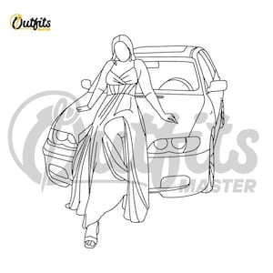 May include: A black and white line drawing of a person wearing a long dress sitting on the hood of a car.