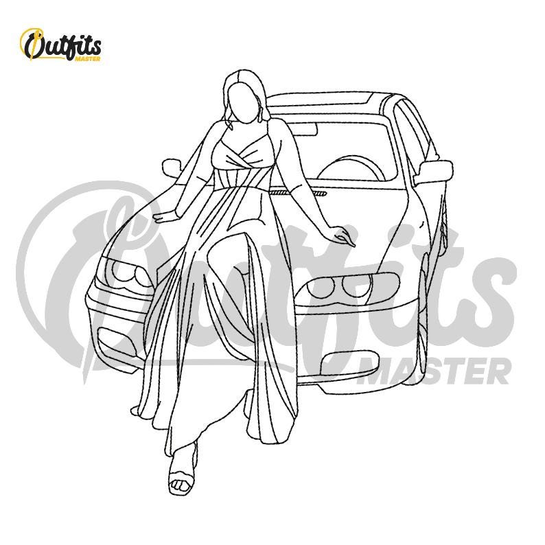 May include: A black and white line drawing of a person wearing a long dress sitting on the hood of a car.