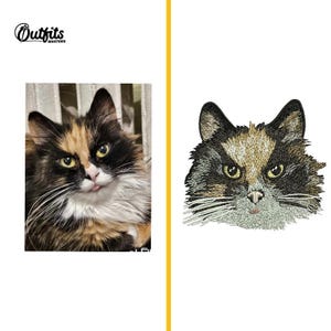 May include: A close-up of an embroidered patch of a calico cat with green eyes. The cat is looking directly at the viewer with its tongue sticking out.