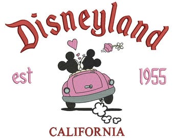 May include: A pink and red embroidered design featuring Mickey and Minnie Mouse in a car with hearts and the text "Disneyland est 1955 CALIFORNIA".