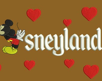 May include: A white embroidered Disneyland logo with Mickey Mouse in a red and yellow outfit blowing a kiss. The background is brown with red hearts.