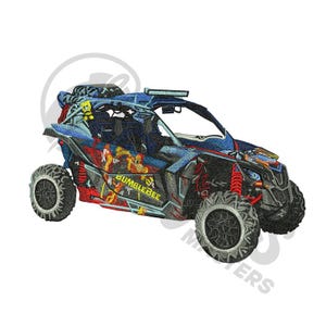 May include: A blue and black off-road vehicle with a yellow "Bumblebee" graphic on the side. The vehicle has a roll cage and a black and red interior.