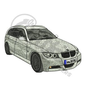 May include: A silver BMW wagon with a black grill and black headlights. The car has a license plate that reads "NM.95.08".
