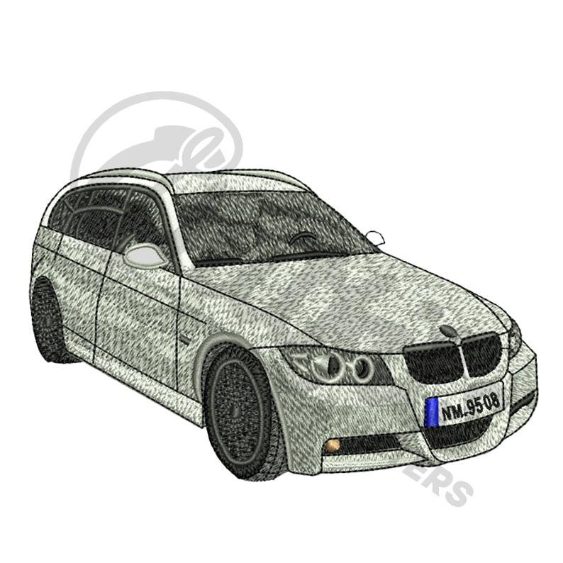 May include: A silver BMW wagon with a black grill and black headlights. The car has a license plate that reads "NM.95.08".