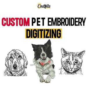Puede incluir: La imagen presenta el texto "CUSTOM PET EMBROIDERY DIGITIZING" sobre tres retratos de mascotas. Un golden doodle, un border collie con pajarita roja y un gato se representan en un detallado dibujo lineal.
