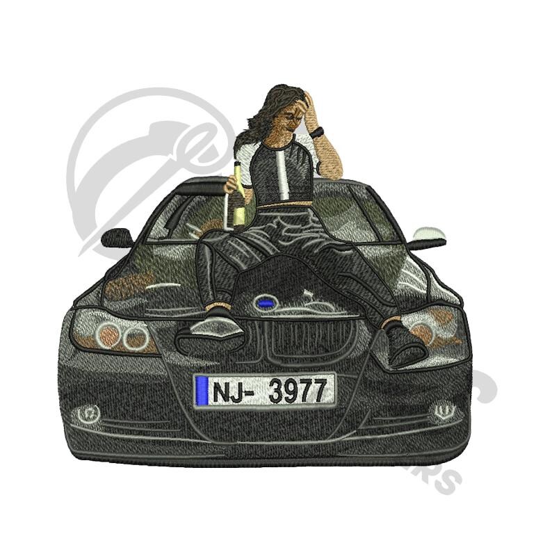 May include: A black car with a license plate that reads "NJ-3977". A person is sitting on the hood of the car.