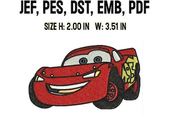 May include: Red cartoon race car with a smiling face and yellow details. The car is 2 inches tall and 3.51 inches wide.  The image includes the file types JEF, PES, DST, EMB, and PDF.