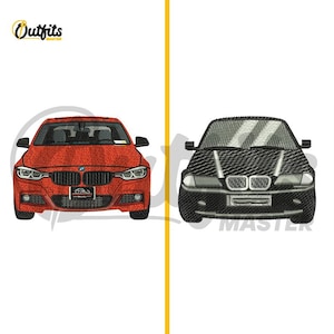 May include: Two embroidered designs of front-facing cars. The car on the left is red and the car on the right is black.