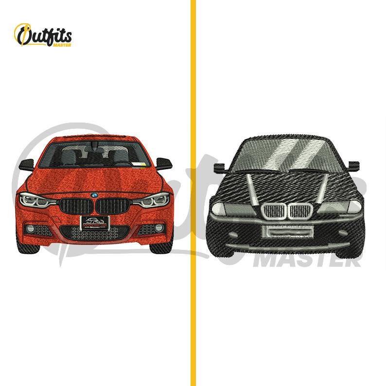 May include: Two embroidered designs of front-facing cars. The car on the left is red and the car on the right is black.