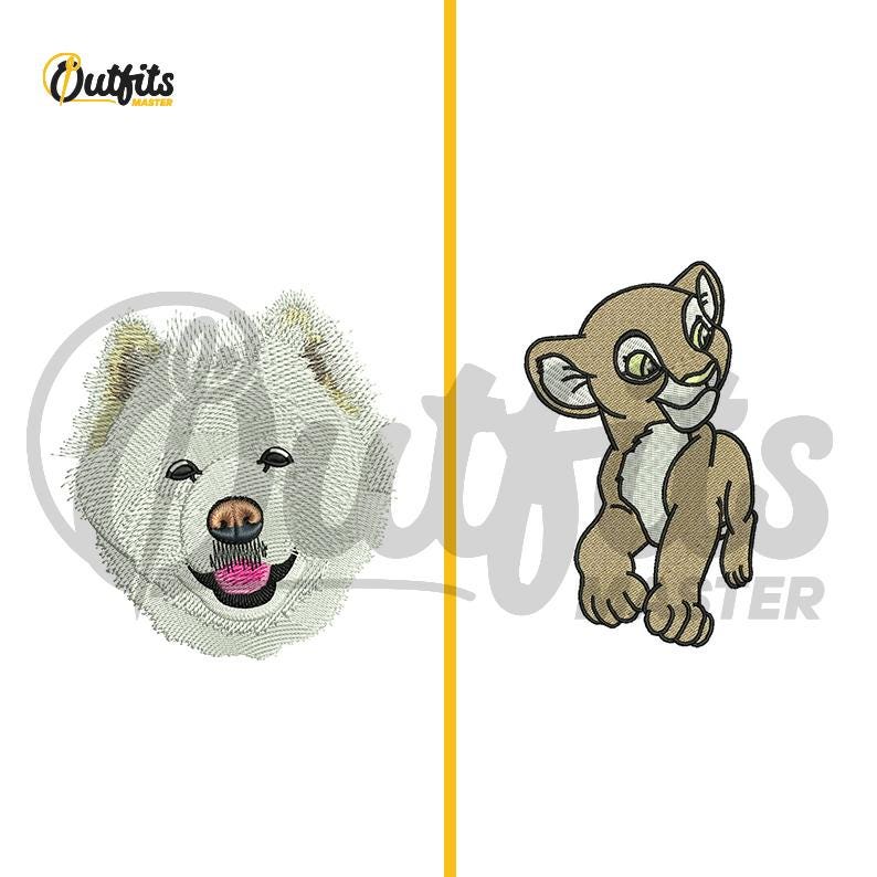 May include: Embroidered designs of a white dog with pink tongue and a brown lion cub with a yellow mane.