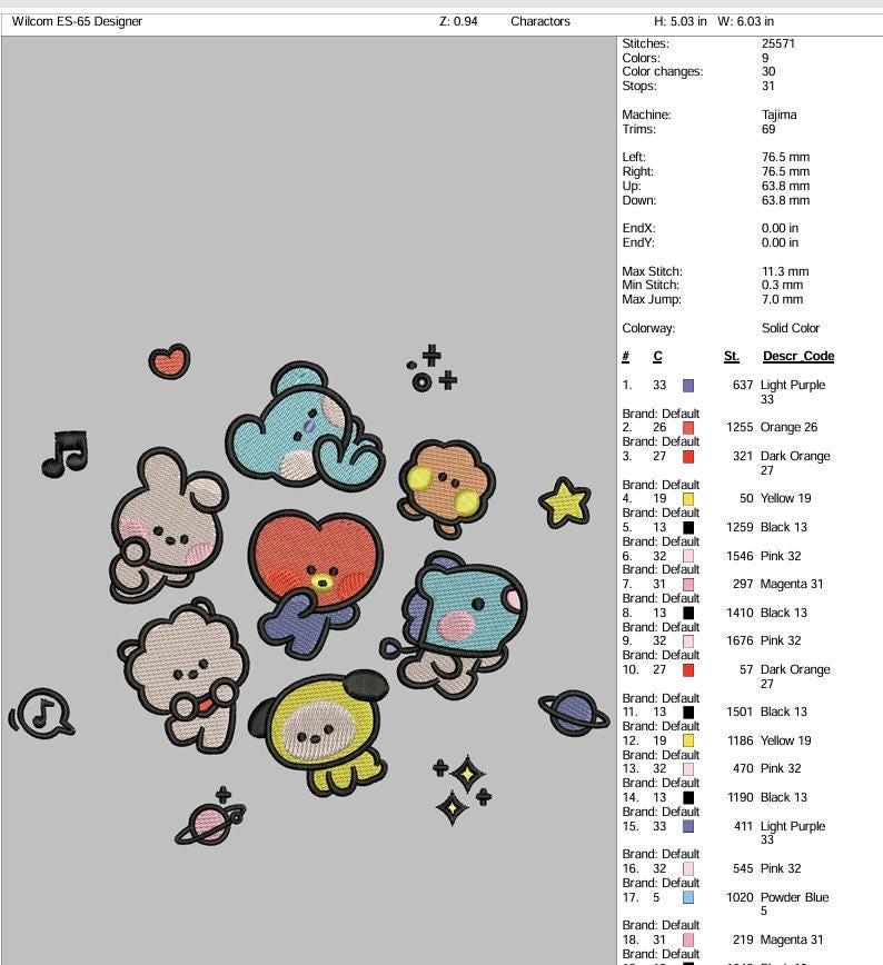 May include: An embroidery design featuring a group of cartoon characters, including a pink heart, a yellow chick, a blue cloud, and a brown bunny. The design is surrounded by stars, hearts, and musical notes. The design is 5.03 inches tall and 6.03 inches wide.