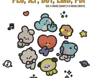 BT21 Inspired Embroidery Designs: 7 Kawaii Dolls (PES, DST, JEF)
