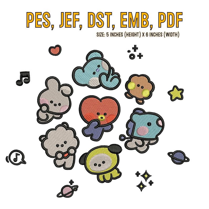 May include: A set of 10 embroidered iron-on patches featuring cute cartoon characters. The patches are in various colors, including pink, blue, yellow, and brown. The patches are 5 inches high and 6 inches wide.