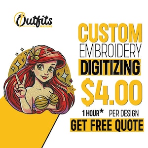 Może przedstawiać: Kreskówkowa syrena o rudych włosach w żółtym gorsecie z muszli, otoczona żółtymi gwiazdami, z tekstem "WŁASNORĘCZNE HAFTKI CYFROWE 4,00 zł 1 GODZINA* ZA PROJEKT ZAPYTAJ O BEZPŁATNĄ WYCENĘ"