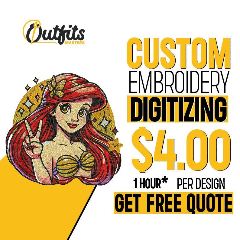 May include: A red-haired cartoon mermaid with a yellow seashell bra, surrounded by yellow stars, with the text "CUSTOM EMBROIDERY DIGITIZING $4.00 1 HOUR* PER DESIGN GET FREE QUOTE"