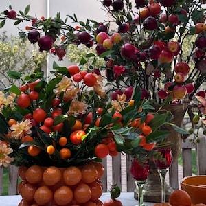 K&ouml;nnte beinhalten: Eine Tischdekoration mit zwei orangefarbenen Keramikvasen, gef&uuml;llt mit Orangen und roten Beeren. Die Vasen stehen auf einer wei&szlig;en Tischdecke mit einem karierten Muster. Auf dem Tisch stehen auch zwei Weingl&auml;ser und eine Sch&uuml;ssel mit Orangen.