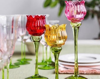 Set di 3 portacandele in vetro a forma di tulipano - Trio di candelieri floreali colorati (19 cm, 22 cm, 27 cm) - Decorazione in vetro in stile vintage - Estetica primaverile