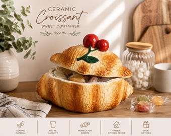 Ceramic Croissant Cookie Jar with Cherries, Cute Kitchen Storage Container for Candy, Cookies & Treats | French Bakery Decor
