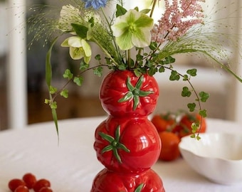 Vaso in ceramica a forma di pomodoro | Vaso con boccioli di pomodoro sovrapposti | Vaso originale con fiori rossi | Decorazione per la cucina italiana | Vaso per ortaggi | Decorazione moderna in ceramica per la casa