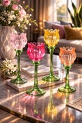 Tulip Glass Candle Holder, Colored Glass Candlestick Set, Unique Spring Table Decor, Luxury Flower Candle Stand, Mother's Day Gift