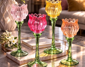 チューリップフラワーガラスキャンドルホルダー、ピンク、オレンジの花