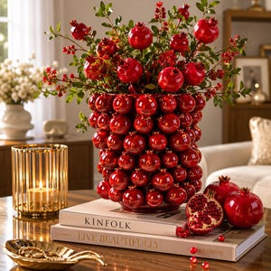 Ceramic Pomegranate Vase, Red Fruit Vase, Statement Floral Vase, Mediterranean Home Decor, Decorative Table Vase, Unique Ceramic Centerpiece