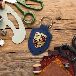 Porsche-Style Handmade Leather Keychain – Blue Crest Logo Key Ring for Car Lovers