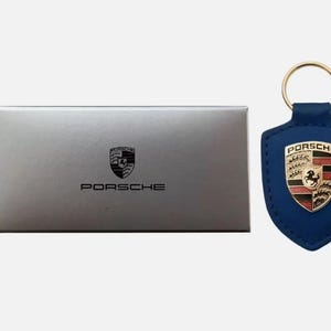 Porsche-Style Handmade Leather Keychain – Blue Crest Logo Key Ring for Car Lovers