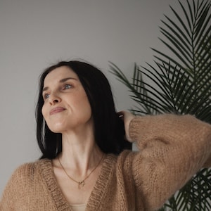 Classic beige knitted cardigan for women, lightweight cardigan, warm clothing, handmade knitted cardigan