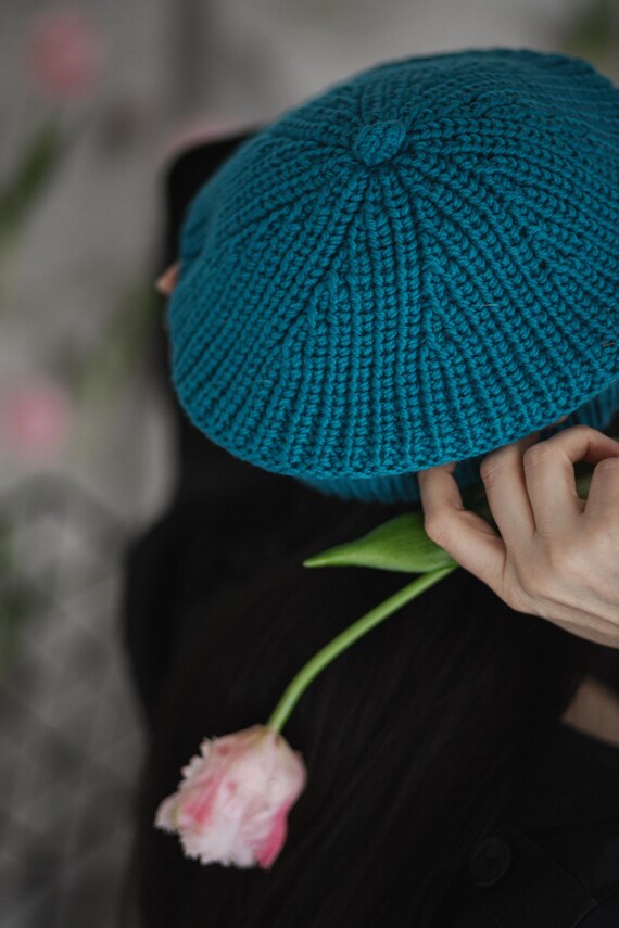 Vtg Handmade Crochet Beret Hat Women\'s Teal Blue Stretch Cap Pullon Handmade Teal Crochet Beret: Stylish Women main image 2