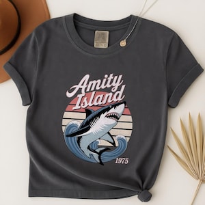 Jaws Amity Island 1975 Shirt, Retro Shark Tee, Vintage Beach T-Shirt, Great White Shark Movie Tshirt, Amity Swim Team Horror Film Top Gift