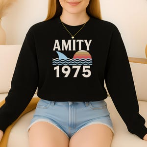 Amity Island 1975 Sweatshirt, Jaws 50th Anniversary, Shark Week Sweatshirt, Retro Beach Sweatshirt, Great White Shark Movie Sweatshirt
