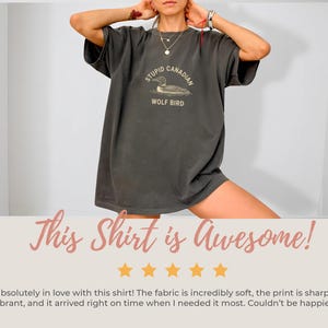 May include: Dark gray t-shirt with the text "STUPID CANADIAN WOLF BIRD" and a graphic of a loon. The shirt is a relaxed fit. The shirt is part of a clothing collection.