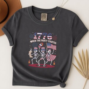 4th of July Skellies Shirt, Dancing Skeleton Tee, Funny Patriotic USA T-Shirt, Red White Blue American Flag Shirt, Stars and Stripes Tshirt