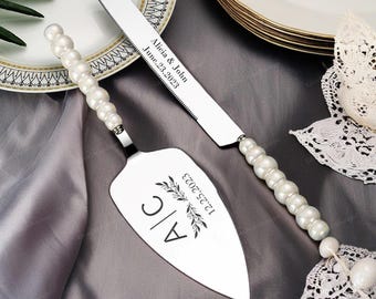 Personalized Ivory Cake Serving Set, Beige Wedding Cake Cutting Set, Pearl Cake Cutting Set, Knife And Cutter, Wedding Serving Set