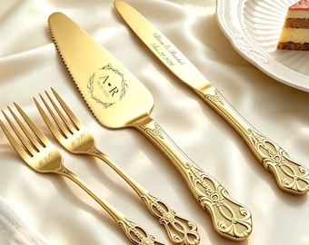Personalized Wedding Cake Knife Server Set, Wedding Cake Knife And Forks Set, Gold Stainless Steel 4 Piece Set, Couple Keepsake Gift