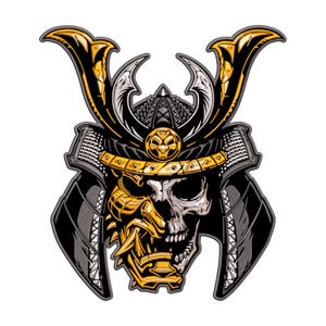 Golden Samurai Skull – Machine Embroidery Design Patch Japanese Style | Bold Warrior Motif patch for Jackets, Vests Formats DST PES Jef HUS