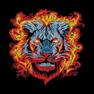 May include: A detailed illustration of a lion's head with a fiery mane and glowing yellow eyes. The lion's face is blue with red and yellow accents, set against a black background. The artwork has a textured, embroidered appearance.