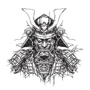 Puede incluir: Ilustración detallada en blanco y negro de un guerrero samurái. El dibujo presenta un casco con cuernos, una expresión facial amenazante y una armadura intrincada. La obra de arte está renderizada con líneas finas y sombreado, creando un efecto texturizado.