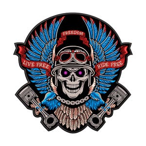 May include: Embroidered patch featuring a skull wearing a motorcycle helmet and goggles, with blue and red wings. The patch includes the phrases "LIVE FREE", "RIDE FREE", and "FREEDOM" on red banners. Two piston engine designs are on the bottom.