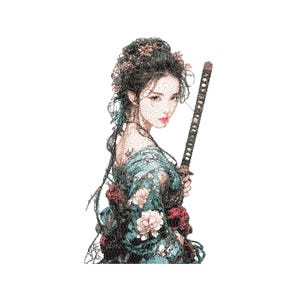 Op de afbeelding: Illustratie van een vrouw in een Japanse kimono, met een katana-zwaard. De kimono is turquoise met bloemmotieven, en de vrouw heeft donker haar en een serieuze uitdrukking. Het kunstwerk is gedetailleerd en gestileerd.