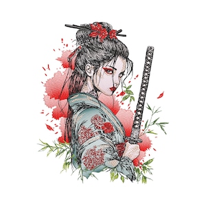 May include: Embroidered design of a geisha with a katana sword. The geisha wears a teal kimono with red floral patterns and has red accents on her eyes and lips. Red splashes and green foliage surround the geisha.