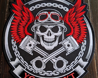 Skull Wings Biker Patch Embroidery Design: Custom Text (Digital Download) (DST PES Jef HUS)