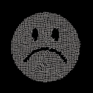 May include: A white, distorted smiley face graphic on a black background. The smiley face is formed by a grid-like pattern, with the eyes and mouth appearing as simple black shapes. The overall effect is a distressed, glitch-like aesthetic.